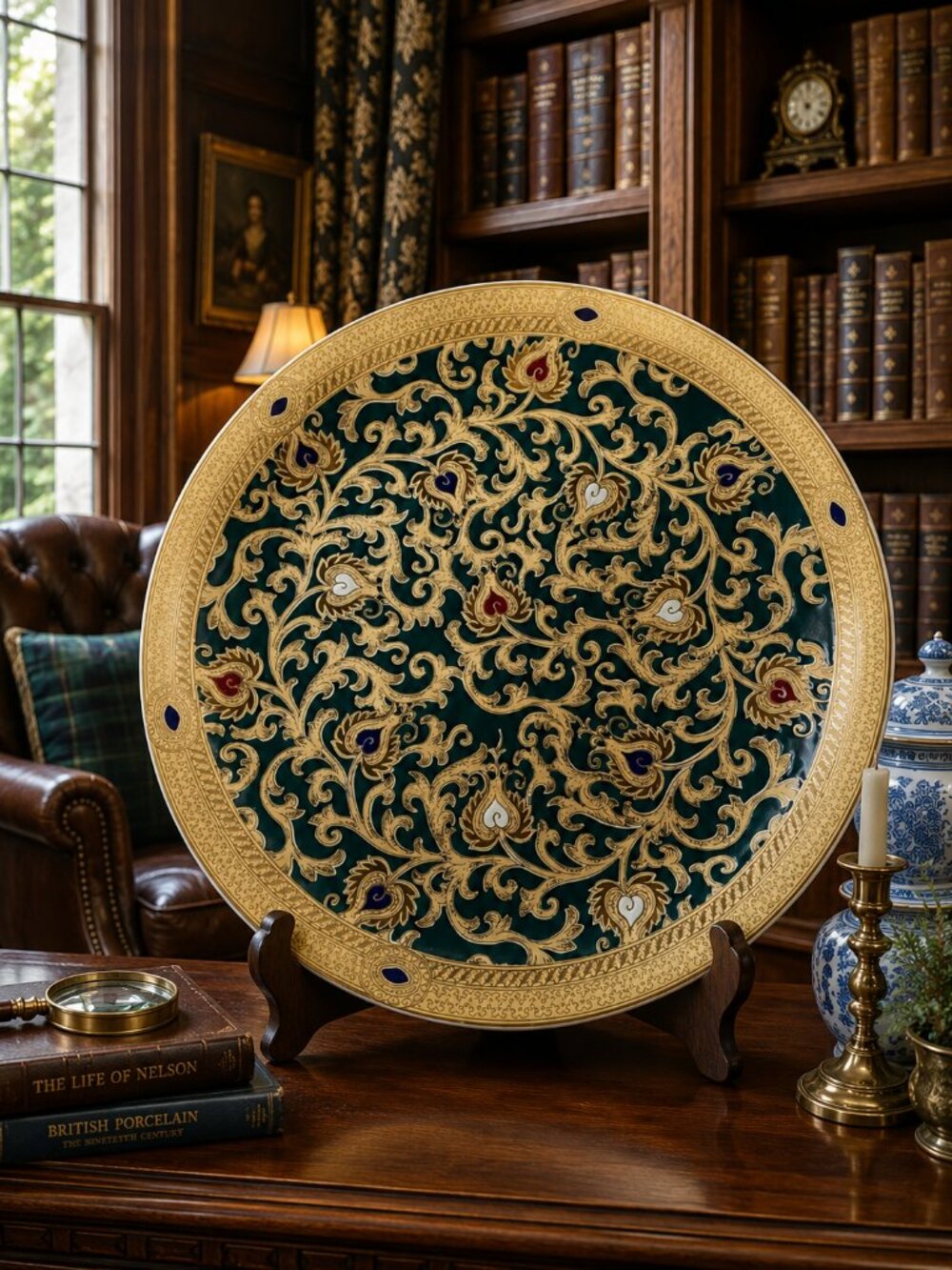 Vintage Amita 16" Chinoiserie Porcelain Charger Green Gold Wall Plate